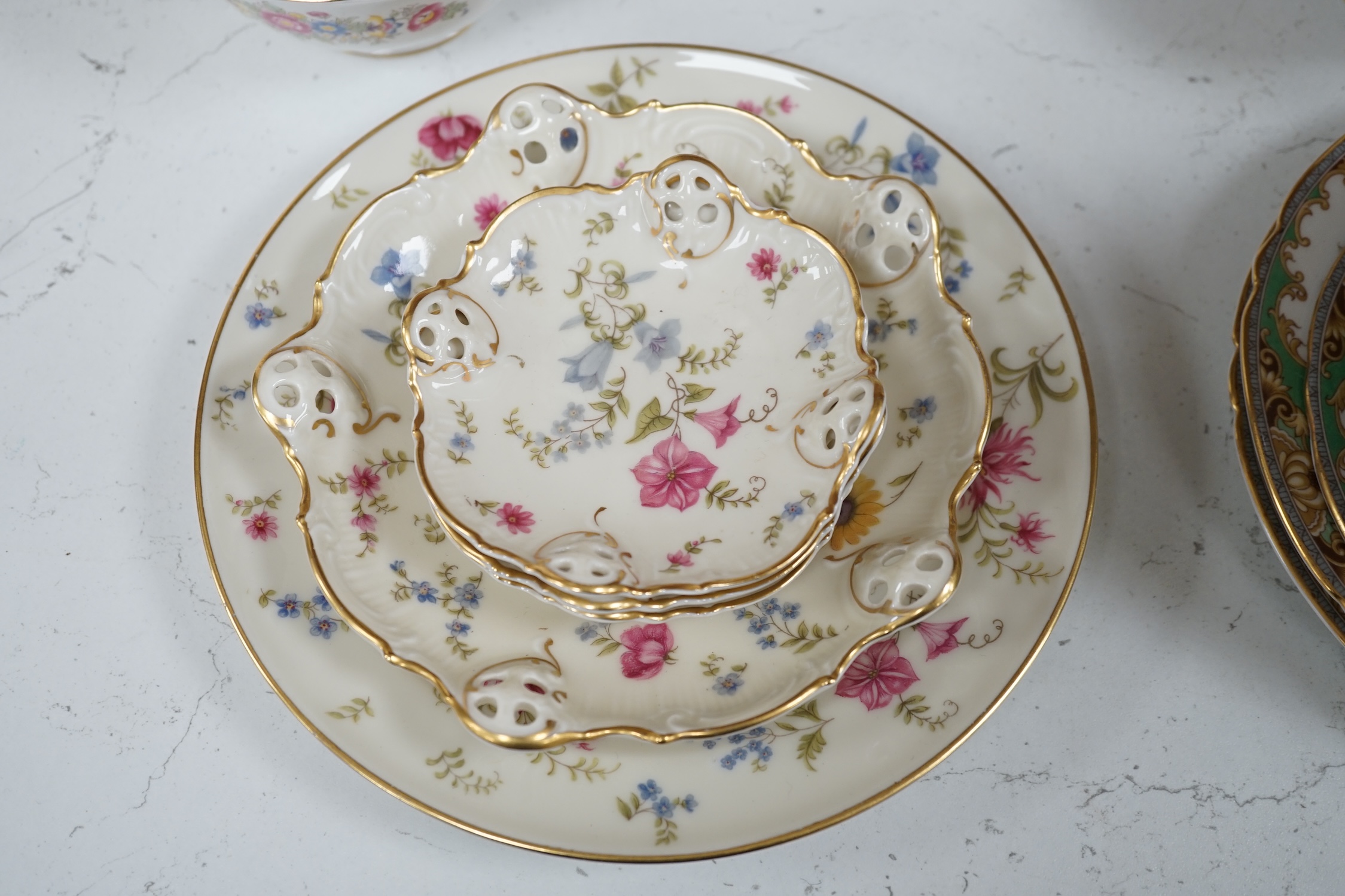 A Shelley harlequin part tea set in blue, green and pink, together with four Rosenthal dishes. Condition - good